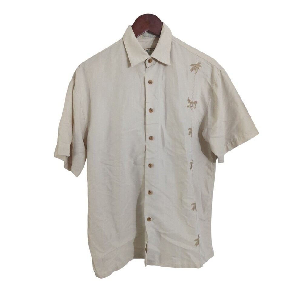 Hibiscus Hawaii Men's S Light Beige Tan Hawaiian Button Up Shirt Sleeve Shirt